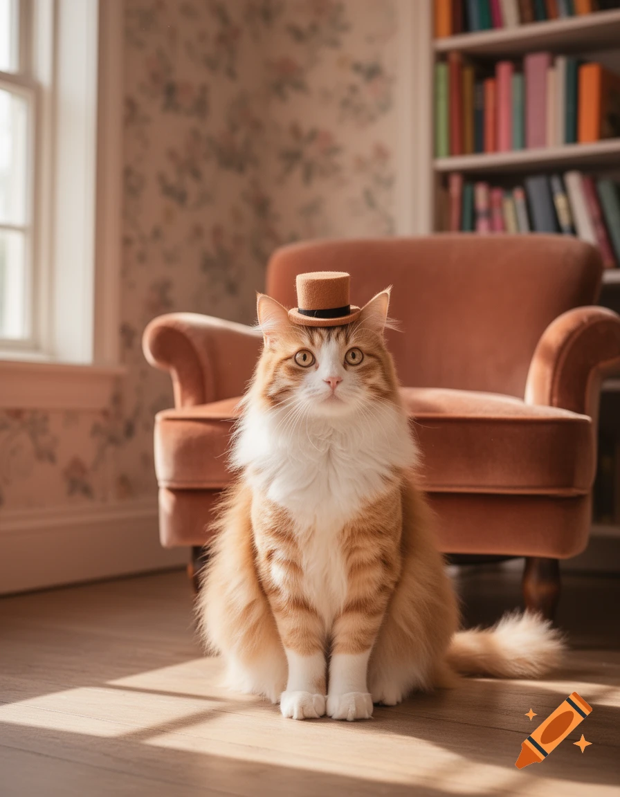 A fluffy orange and white cat wearing a small top hat sits on a sunlit ...