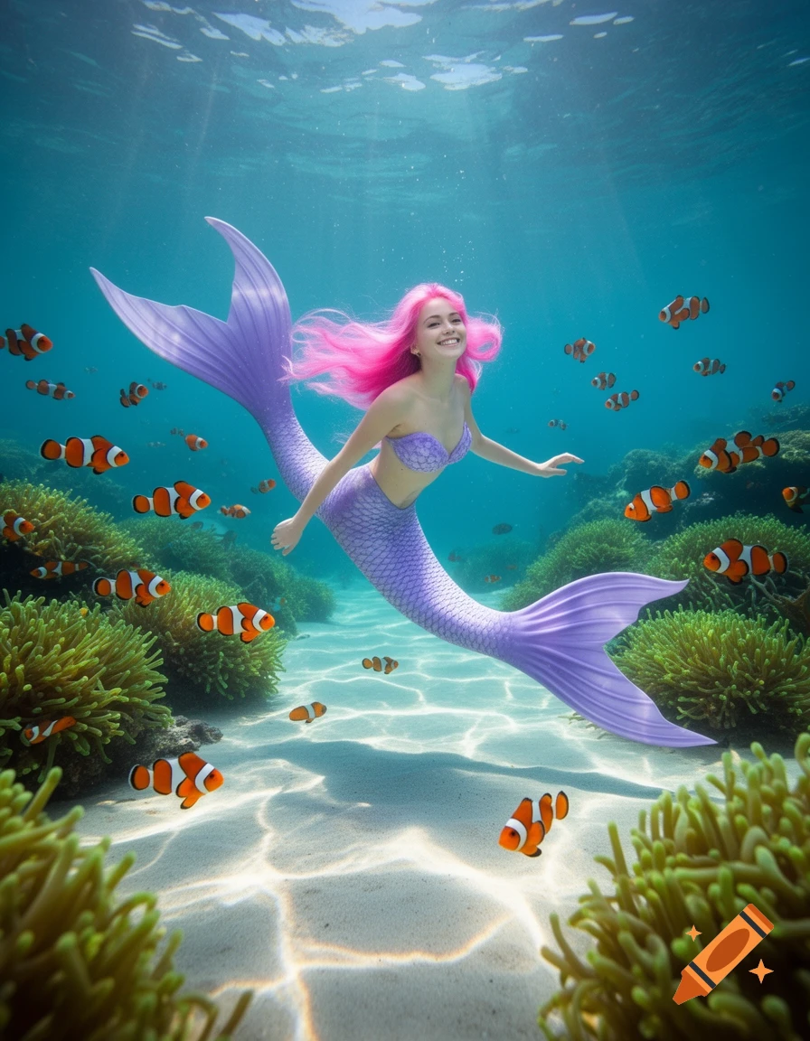 Smiling mermaid with pink hair and a purple tail swims underwater surrounded by clownfish and coral reefs.