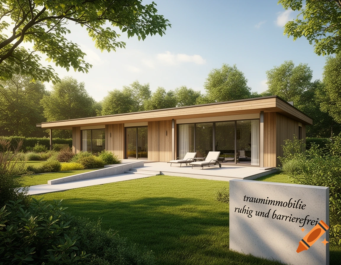Photorealistic image of a modern wooden house with large windows in a lush green garden with a sign that reads 'traumimmobilie ruhig und barrierefrei'.