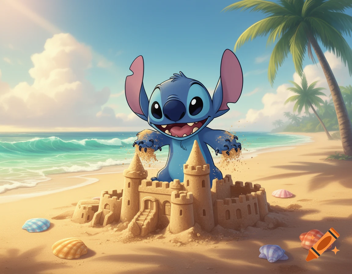 A happy cartoon Stitch character builds a sandcastle on a sunny beach with palm trees and ocean waves.