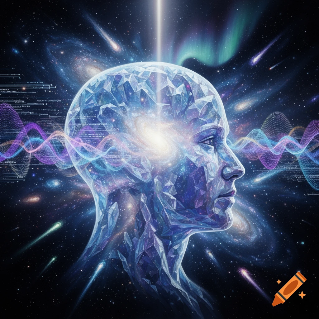 Crystalline human head in profile, against a cosmic background with galaxies, stars, and colorful energy waves.