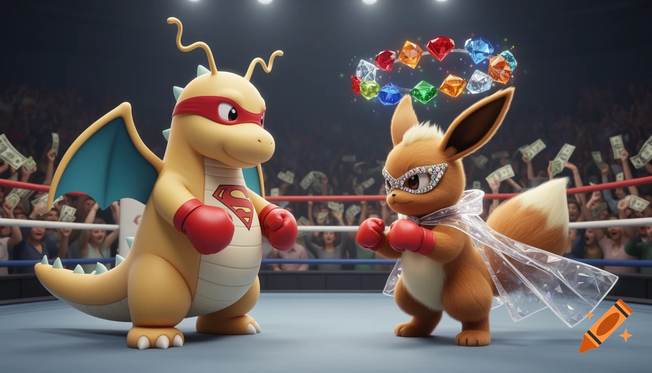 Dragonite with a Superman-like logo and Eevee with a crystal cape and mask wear boxing gloves in a ring, surrounded by flying money and colorful diamonds.
