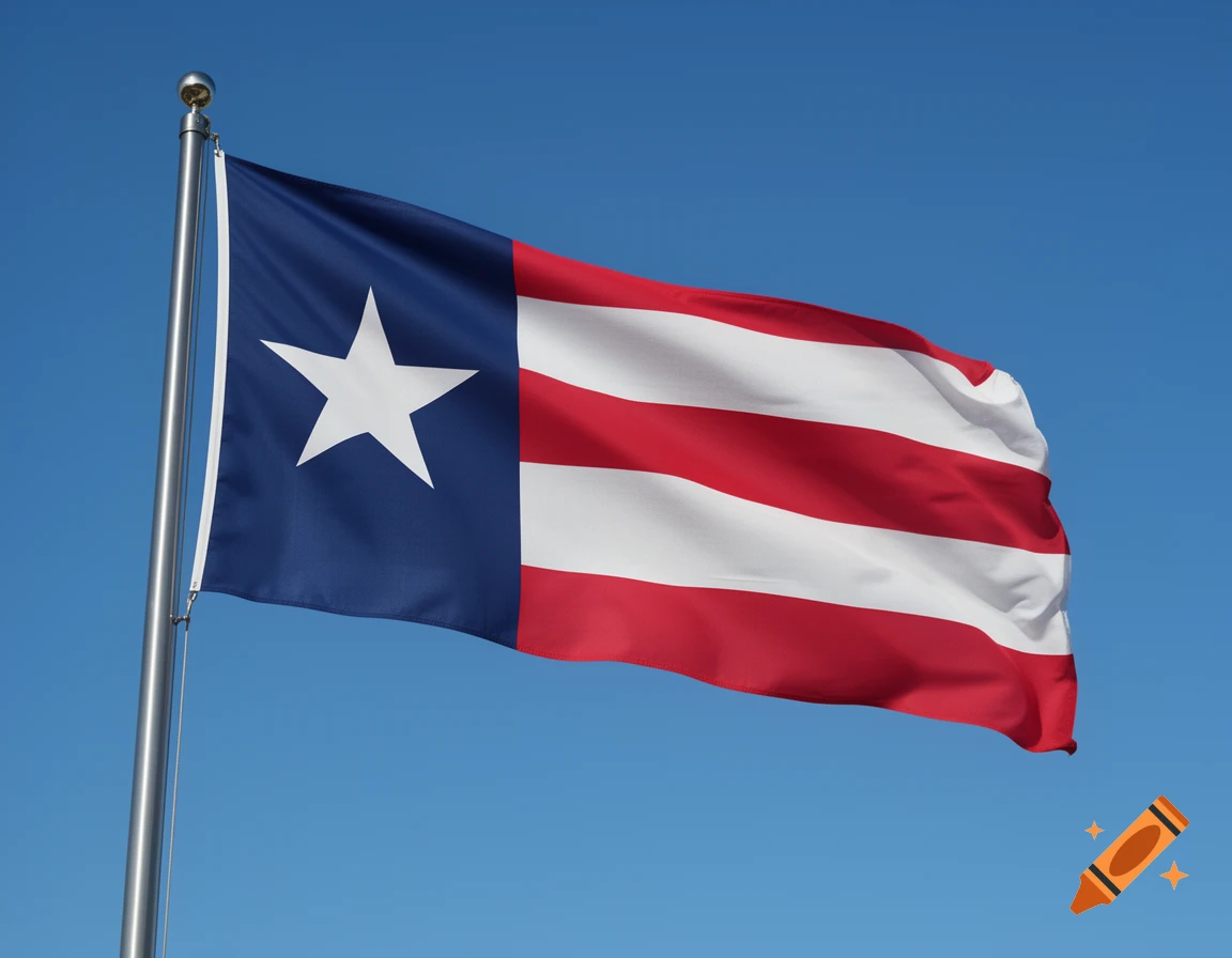 A photorealistic Texas flag, featuring a white star on a blue field and red and white stripes, flying against a clear blue sky.