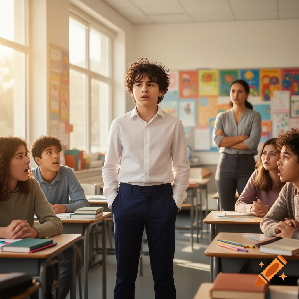 A thoughtful boy stands in a sunlit classroom, observed by seated students and a teacher with crossed arms in the background.