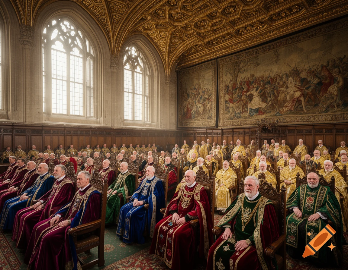 A grand hall filled with numerous men in elaborate, colorful robes, seated in rows, with ornate windows and tapestries.