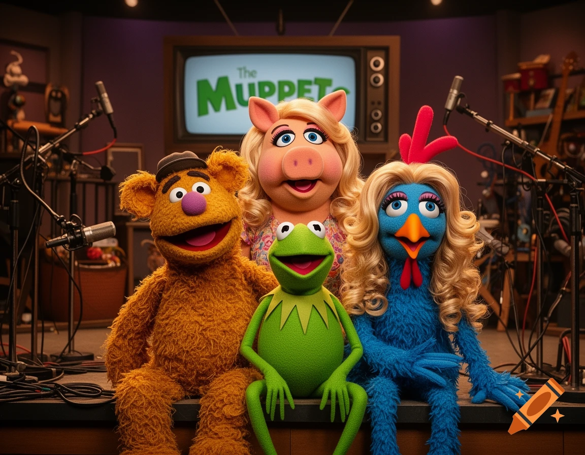 Fozzie Bear, Kermit the Frog, Miss Piggy, and a blue chicken Muppet pose in a studio with 'The Muppet' on a TV screen.