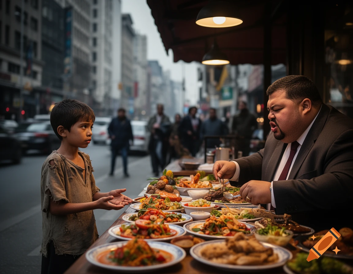 A poor child stands with open hands before a well-dressed man eating a lavish meal at an outdoor city restaurant.