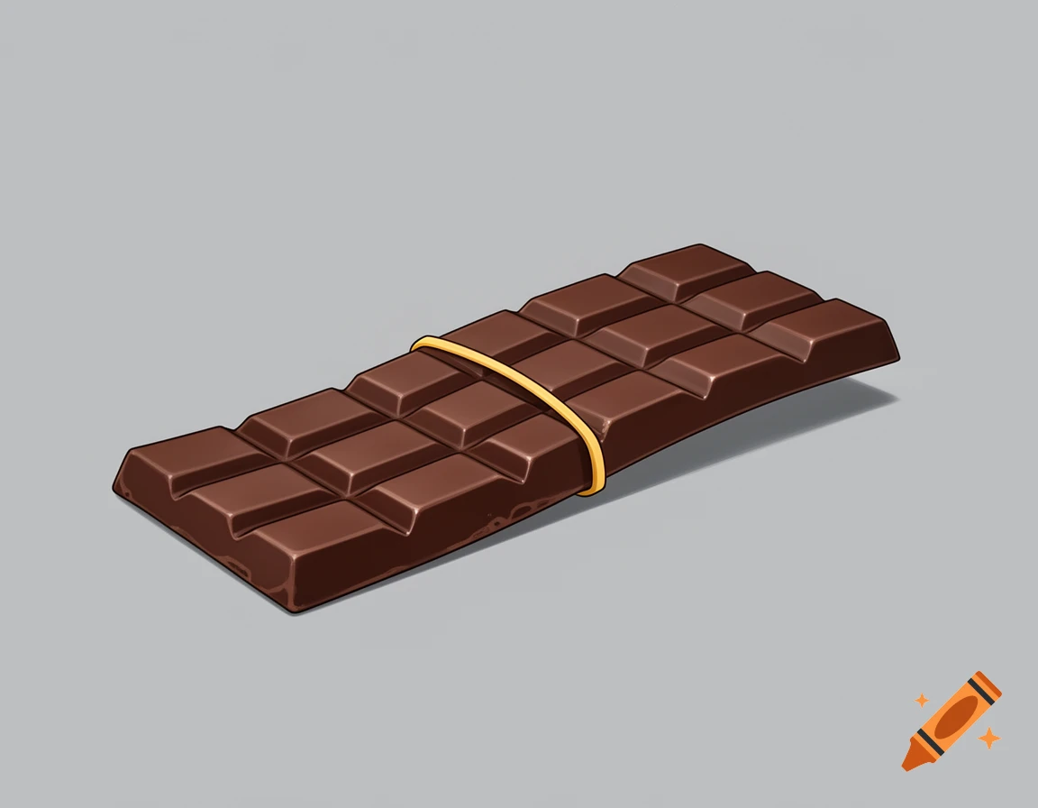 A 2D drawing of a chocolate bar bending along its long axis, held by a yellow rubber band, against a grey background.