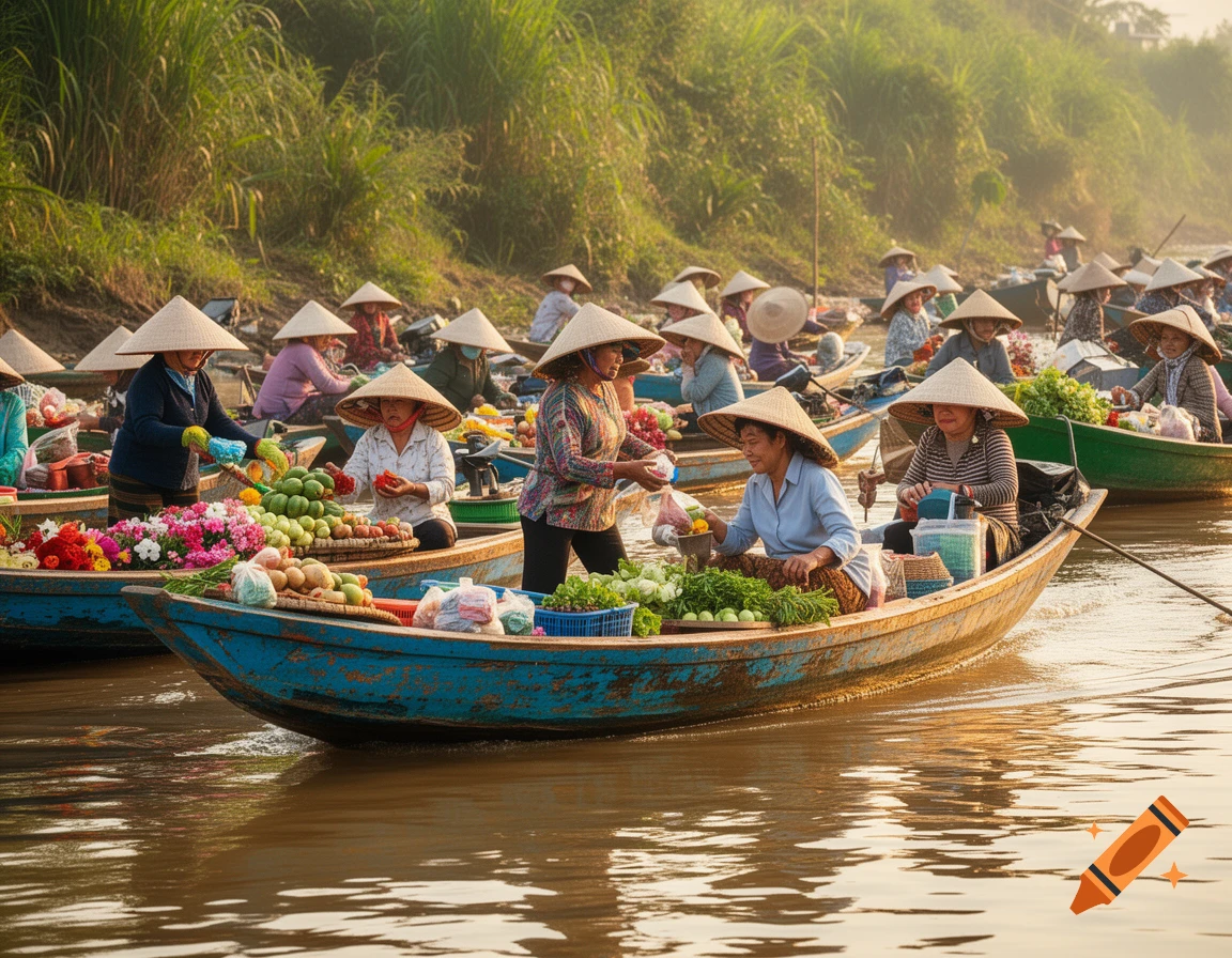Vibrant photorealistic image of a floating market with people in conical hats selling produce and flowers from boats on a river.