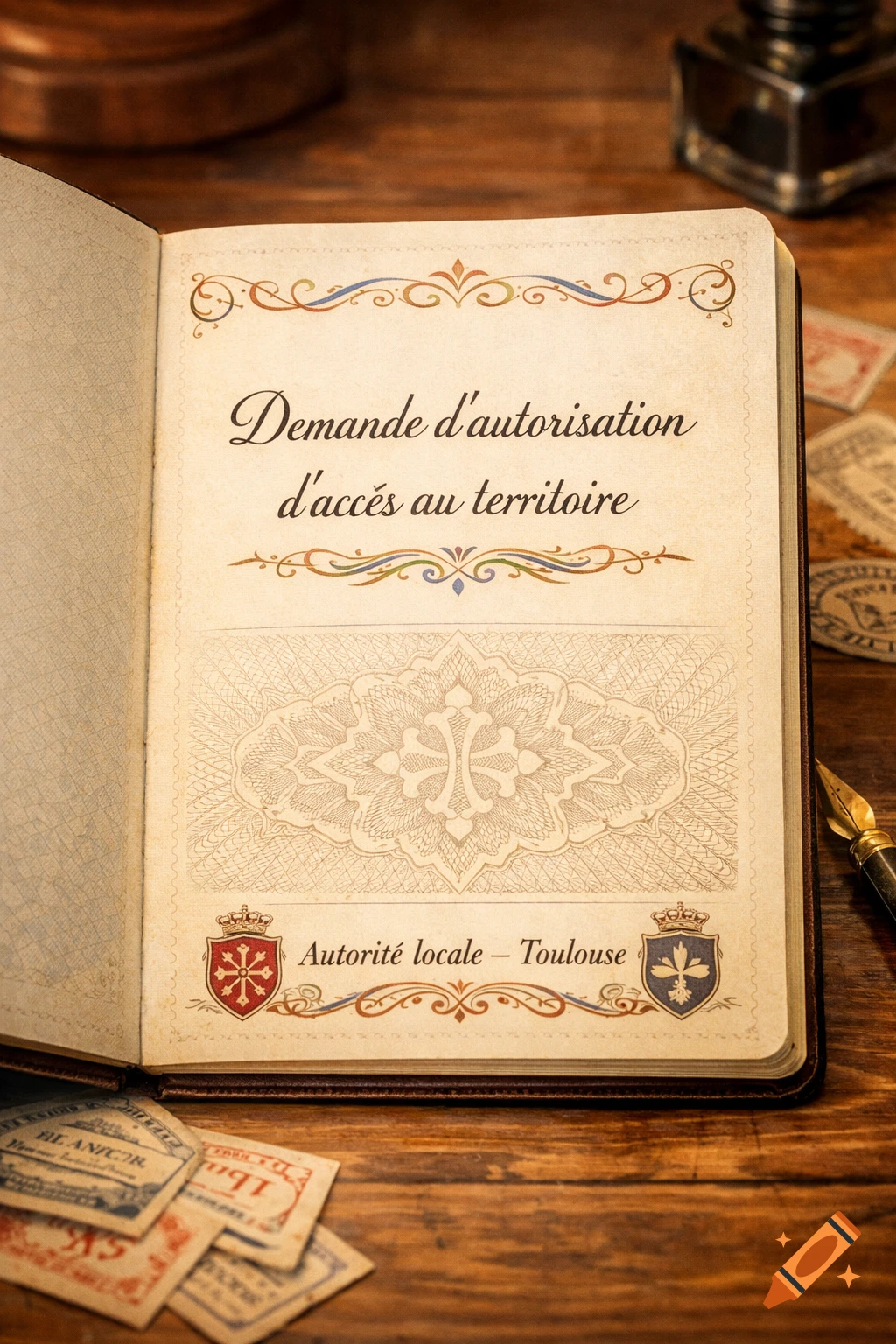 An open, old-fashioned passport-like document with ornate text 'Demande d'autorisation d'accès au territoire' and 'Autorit locale - Toulouse' on a wooden desk with a quill pen and stamps.