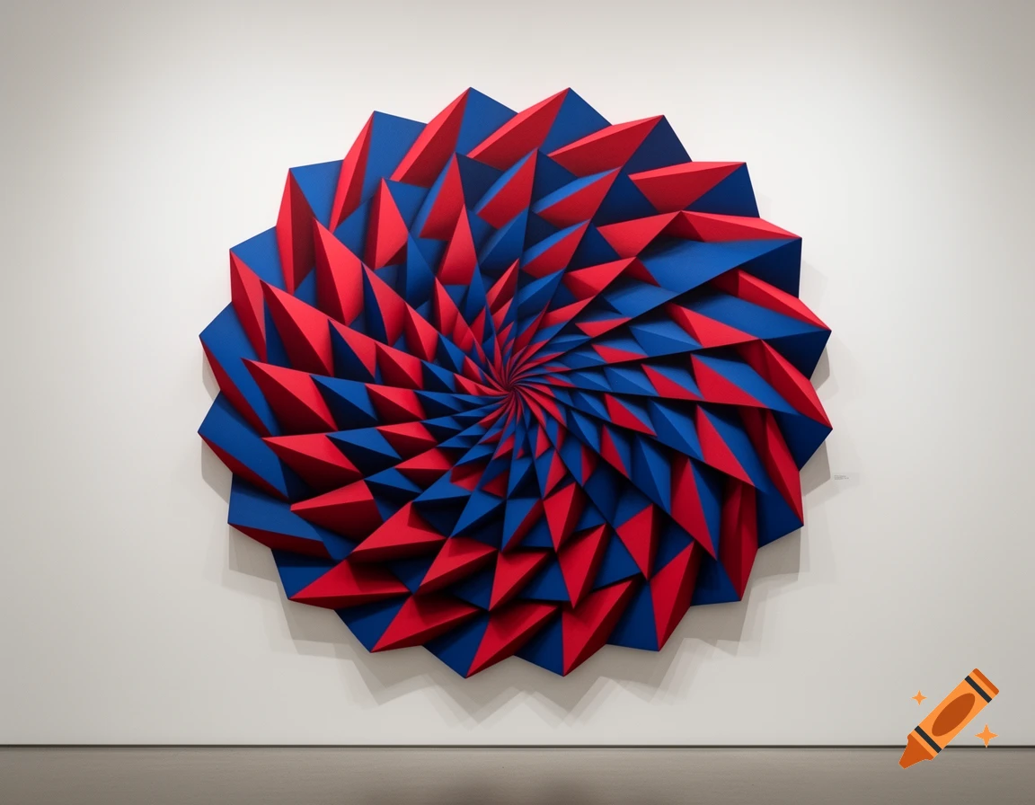 A vibrant 3D optical illusion artwork with red and blue triangles forming a swirling, star-like pattern on a white wall.