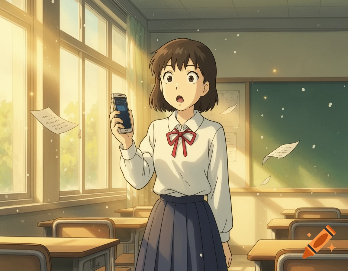 A Ghibli-style anime high school girl in a classroom looks surprised at her smartphone while papers float around.