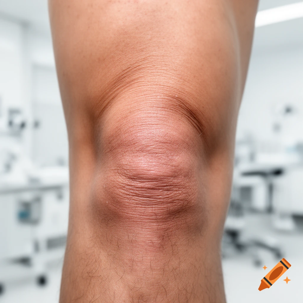 Close-up photorealistic shot of a person's knee against a blurry white clinic or hospital background.