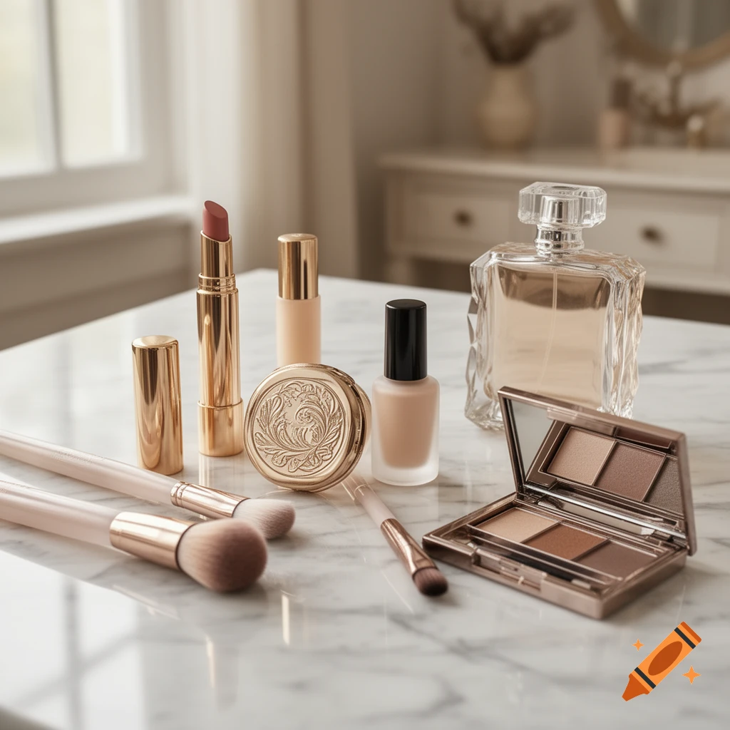 An elegant display of various cosmetic products like lipstick, foundation, perfume, and eyeshadow on a white marble surface.