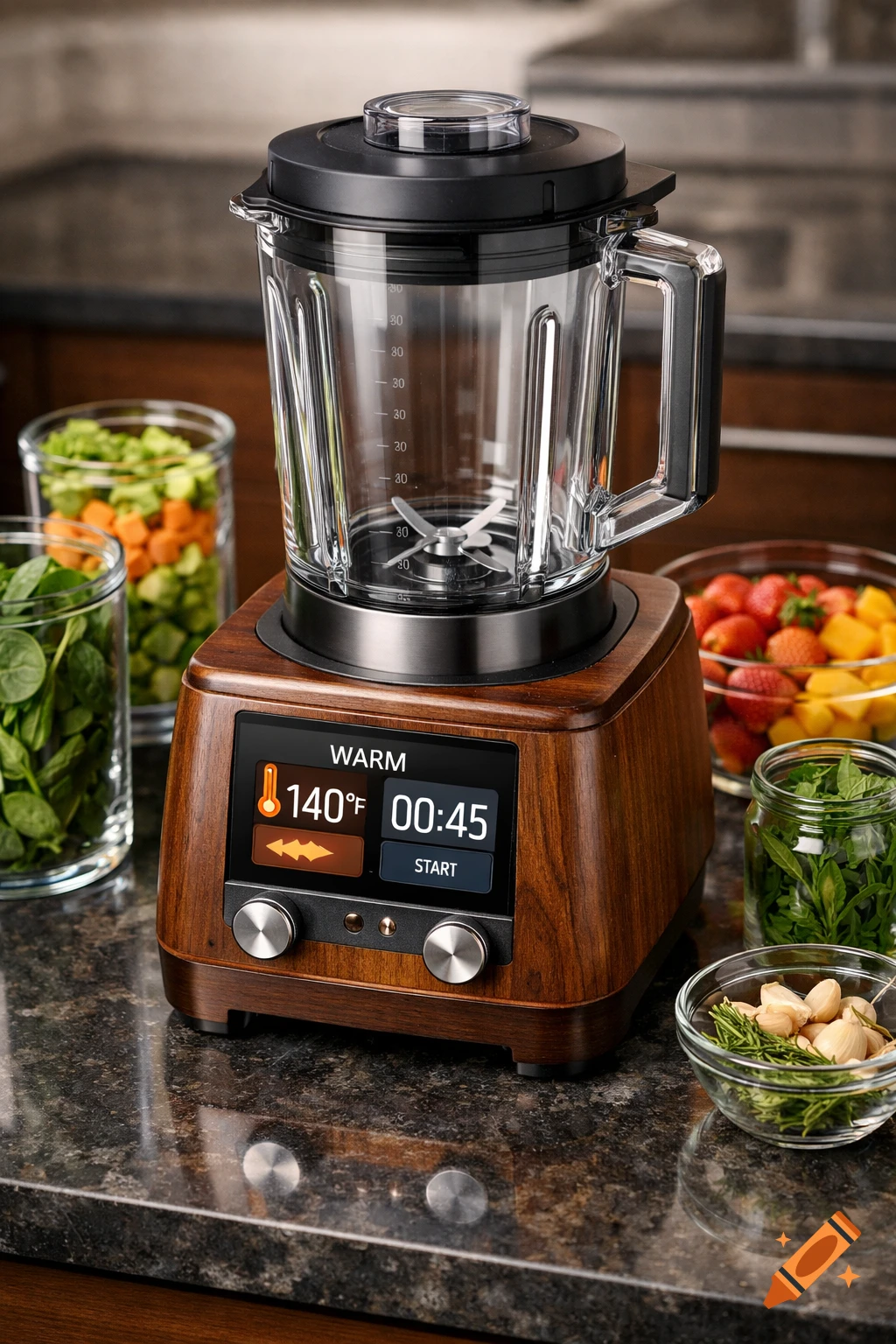 A stylish blender with a wooden base and touchscreen displaying temperature and time, surrounded by fresh ingredients in glass jars on a dark countertop.