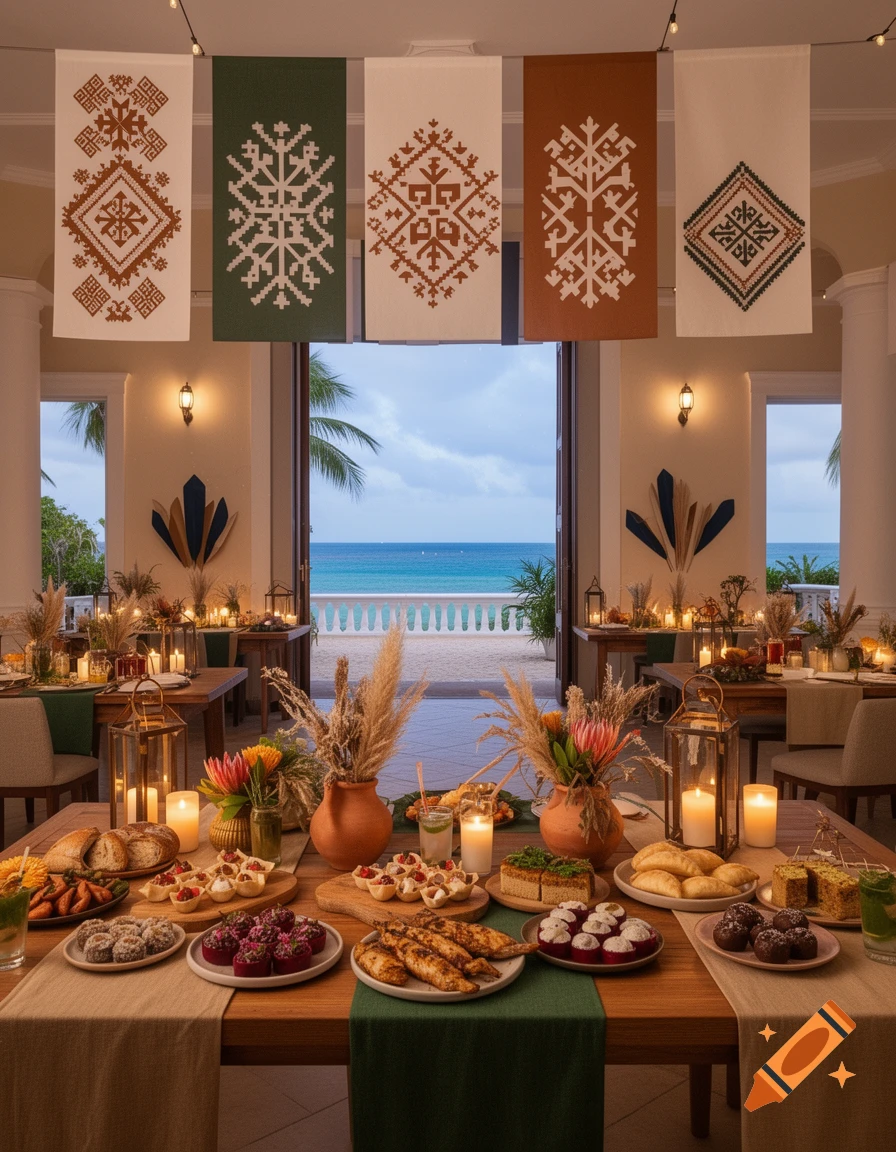 A long wooden dining table set with various foods, candles, and floral arrangements, overlooking a beach and the ocean. Decorative banners hang from the ceiling.