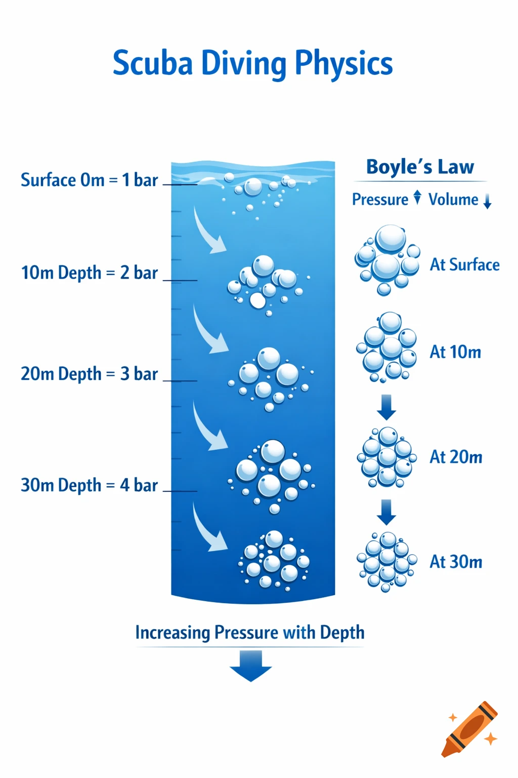 An educational diagram illustrating Scuba Diving Physics and Boyle's Law, showing how air bubbles compress with increasing pressure at different depths.