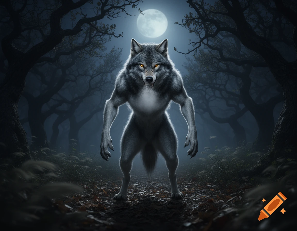 A muscular werewolf with glowing yellow eyes stands menacingly in a dark, misty forest under a full moon.