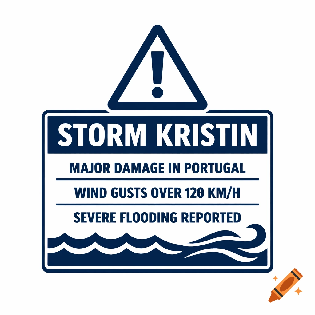 A blue and white warning sign with an exclamation mark, detailing 'Storm Kristin', 'Major Damage in Portugal', 'Wind Gusts Over 120 KM/H', and 'Severe Flooding Reported', with waves at the bottom.