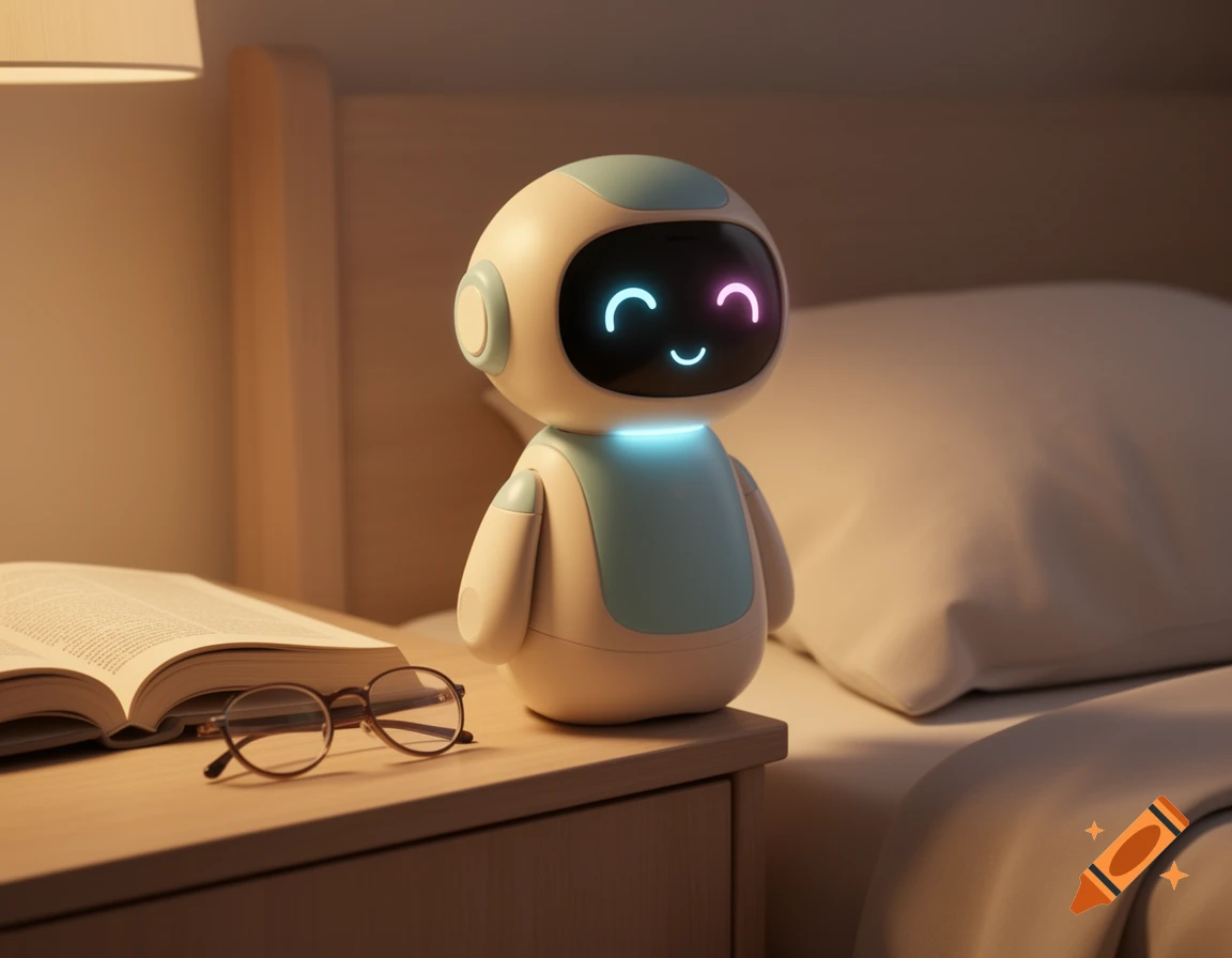 A friendly AI robot with glowing LED eyes sits on a nightstand beside an open book and glasses, in a warm, soft-lit bedroom.