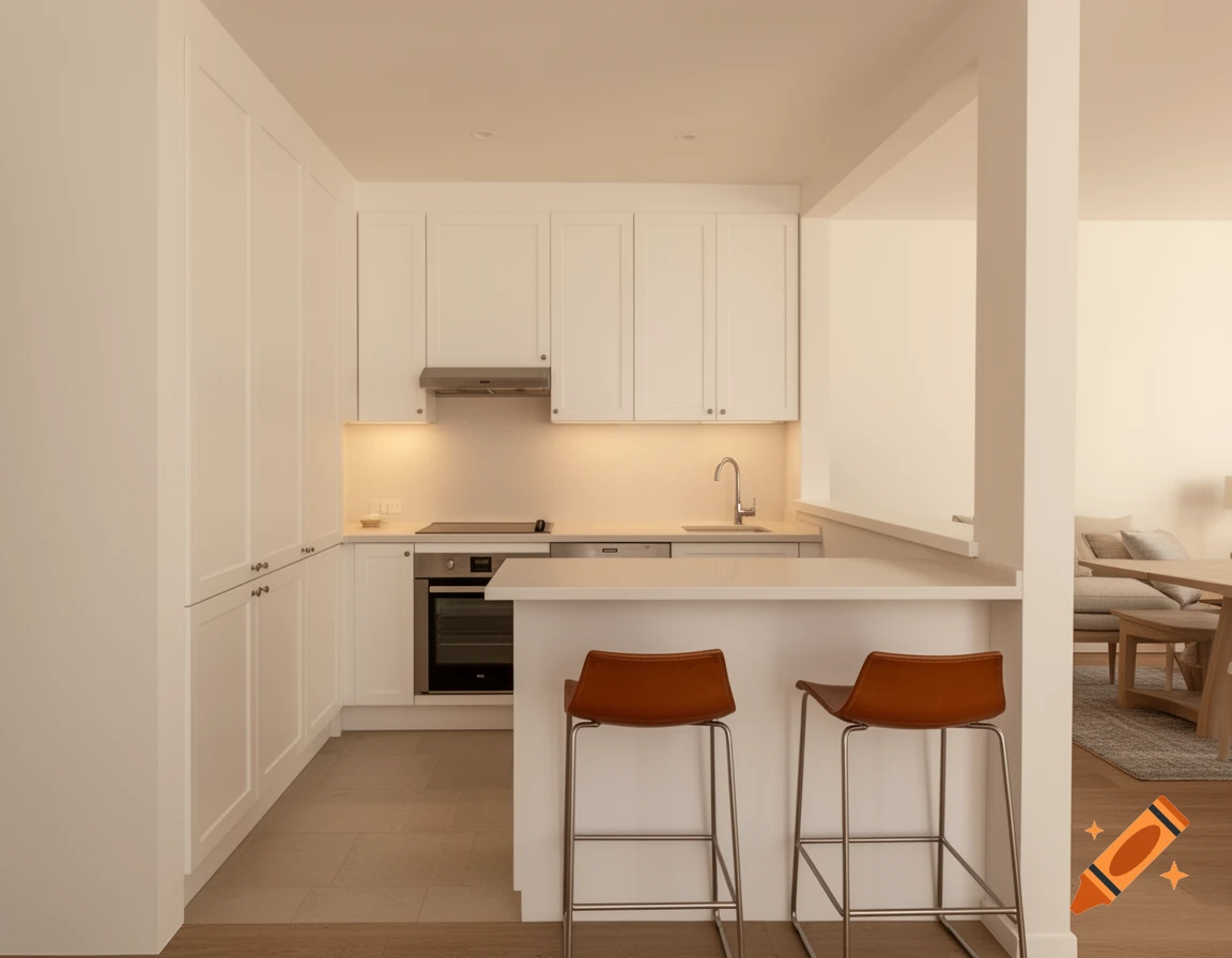 Photorealistic image of a small modern white kitchen with a peninsula, brown bar stools, and stainless steel appliances.