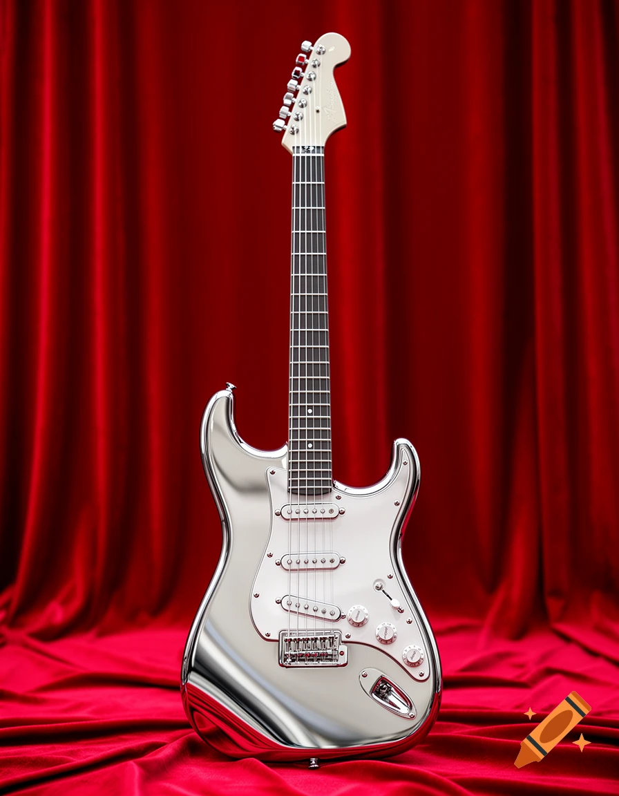 A sleek chrome electric guitar stands against a luxurious red silk background.