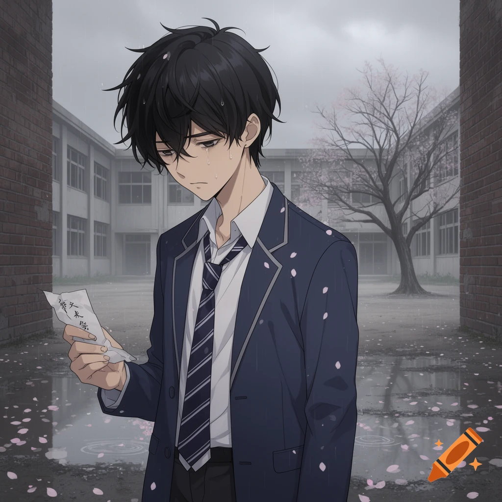 A sad anime boy in a school uniform stands in the rain, holding a crumpled paper. Cherry blossoms are scattered on the wet ground.