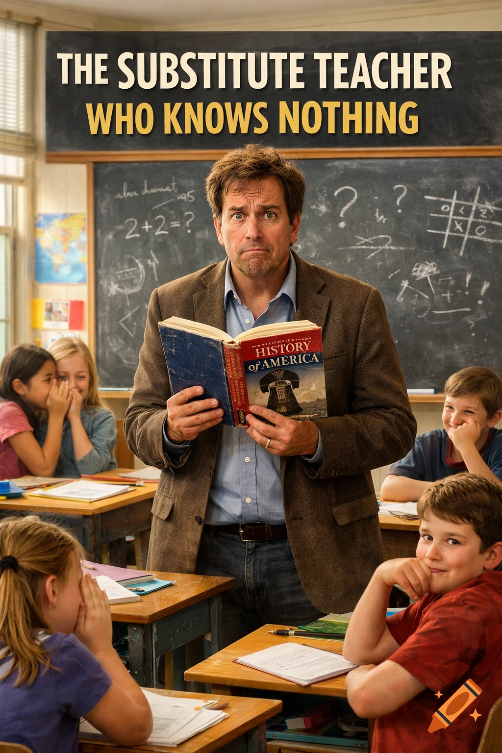 A confused substitute teacher holds a book upside down in a classroom with smirking students. Text: "THE SUBSTITUTE TEACHER WHO KNOWS NOTHING"