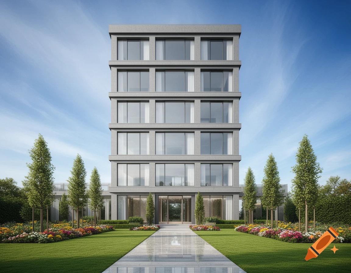 A tall, modern gray building with multiple floors of large windows, surrounded by green lawns, a paved walkway, trees, and colorful flower beds under a clear blue sky.