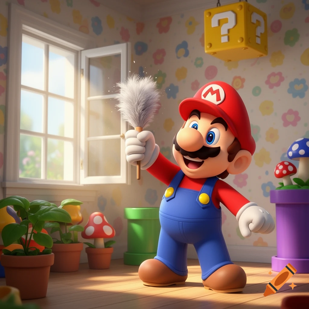 Smiling Mario holding a feather duster in a bright, cartoonish room with plants, a window, and a question block.