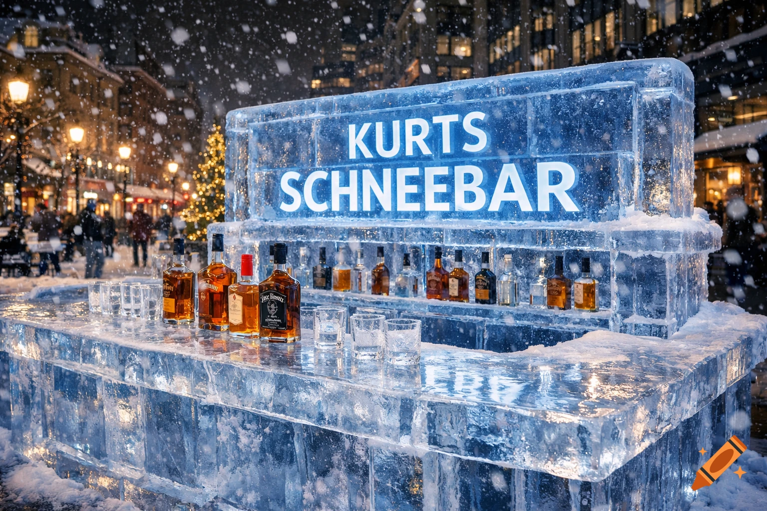 An illuminated outdoor ice bar with bottles of whiskey and shot glasses, under falling snow in a city street at night.