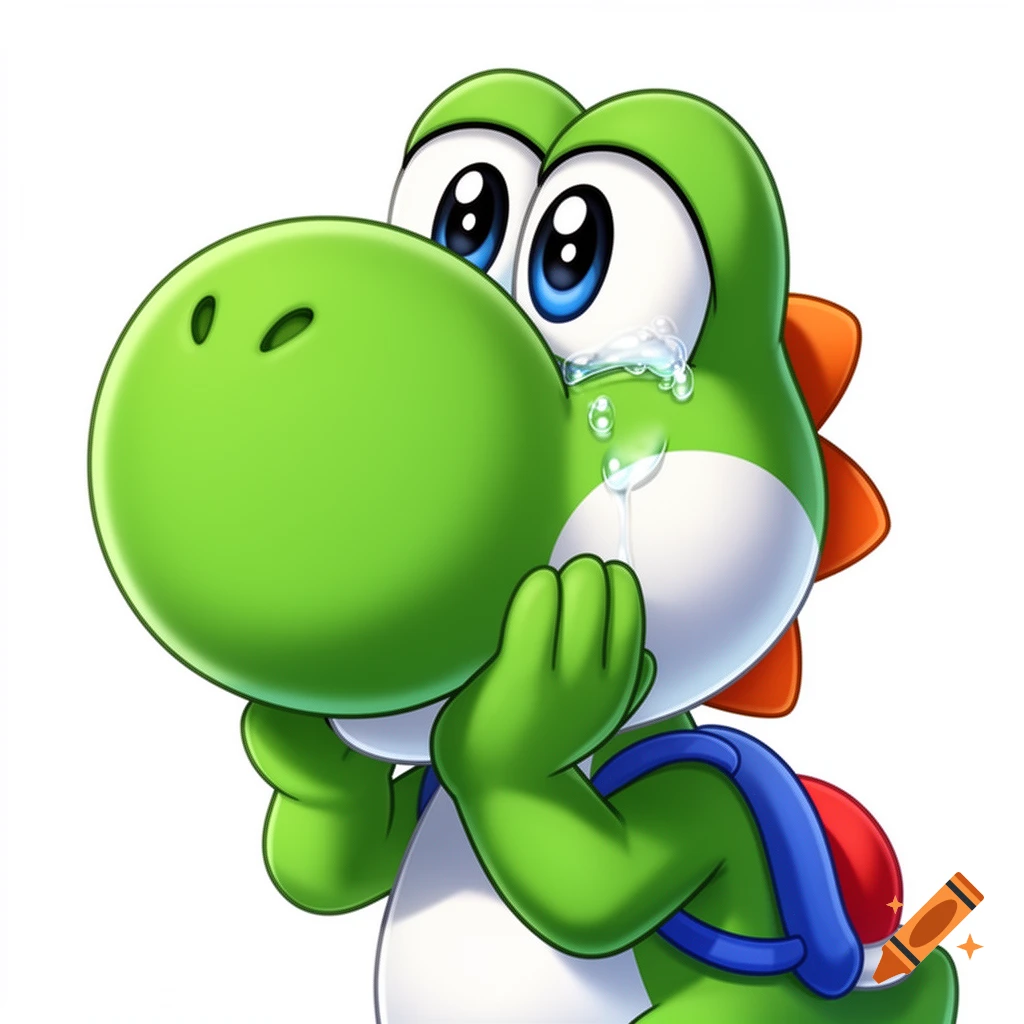 Anime style Yoshi crying and holding his face against a white background.