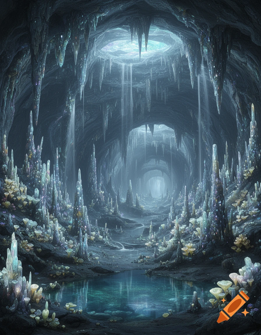 A dark, glowing subterranean cave with numerous crystal formations, a reflective pool, and light shafts from an opening above.