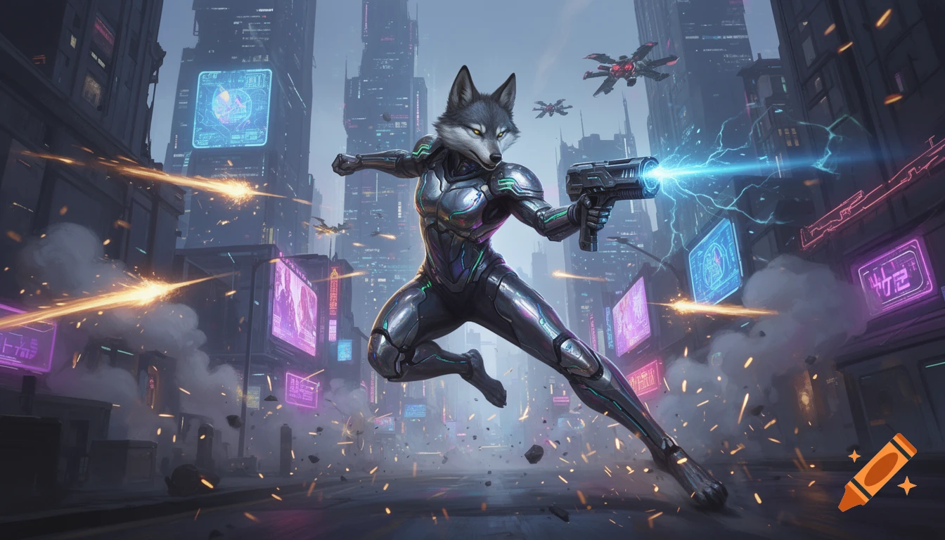 A gray wolf-like character in a metallic cyberpunk suit, firing a laser gun while dodging orange gunfire in a dystopian city street.