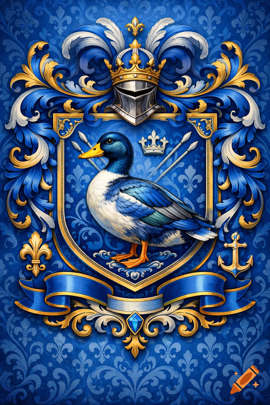 A vibrant blue and gold heraldic crest featuring a mallard duck, a knight's helmet with a crown, and fleur-de-lis motifs.