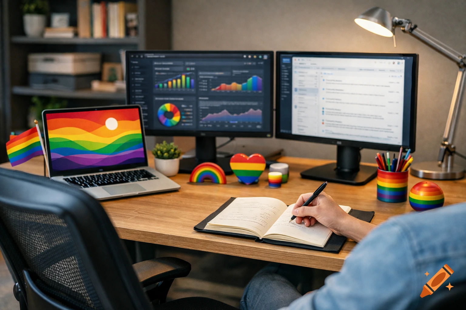 A person writing in a notebook at a computer desk with two monitors and a laptop, decorated with rainbow pride items.