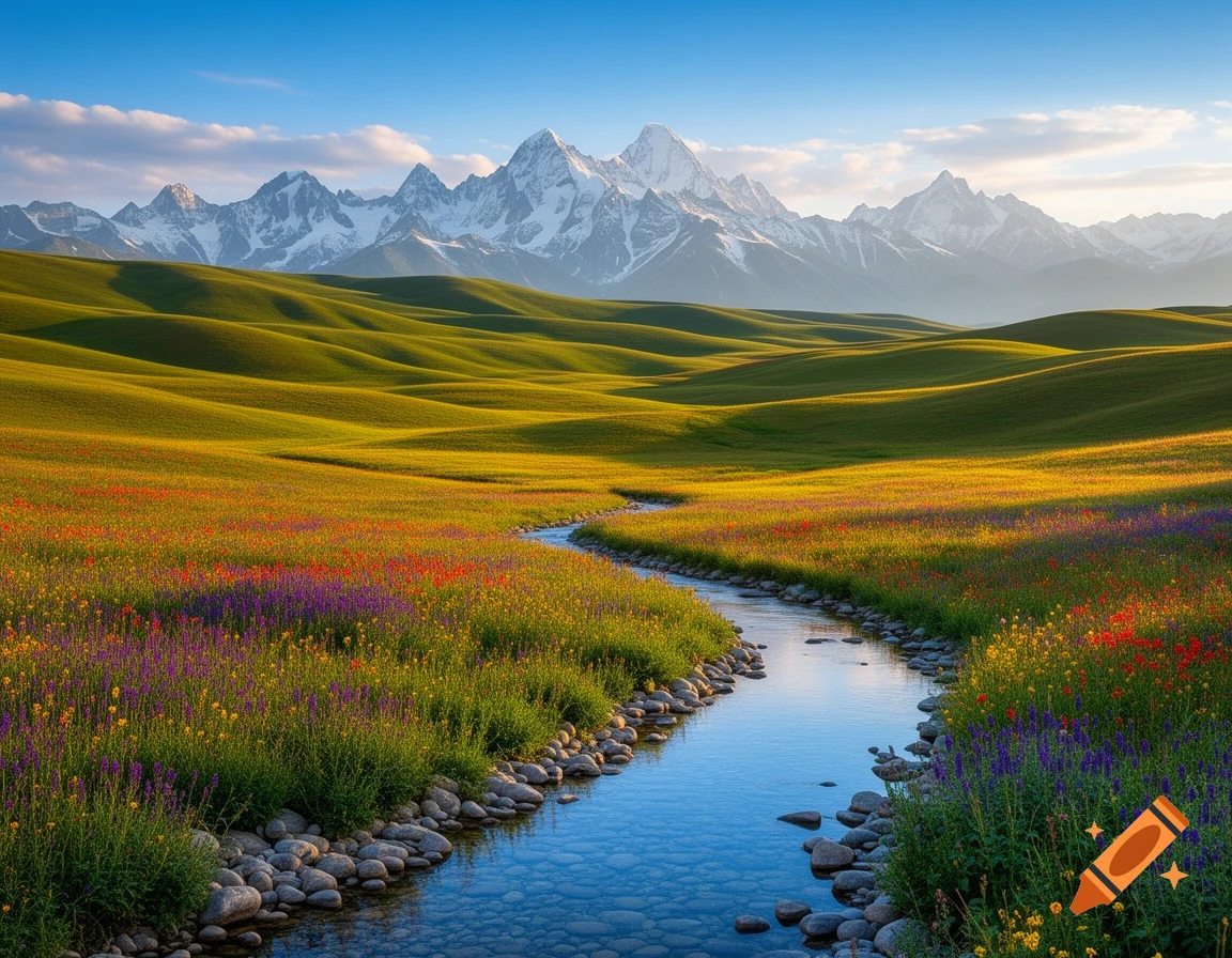 A winding river flows through a vibrant field of wildflowers and ...