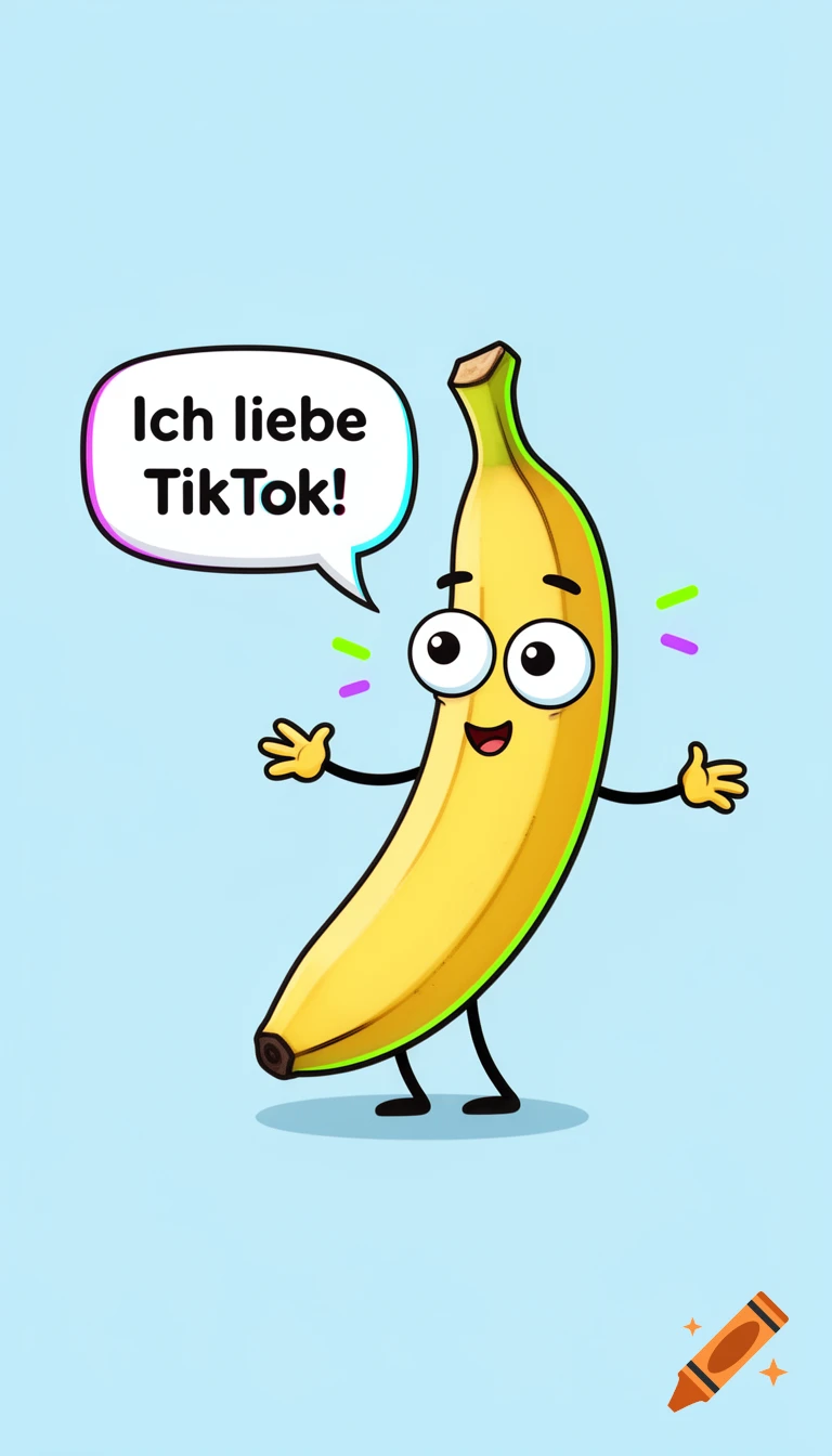 A cheerful cartoon banana with arms, legs, and big eyes, saying "Ich liebe TikTok!" in a speech bubble on a light blue background.