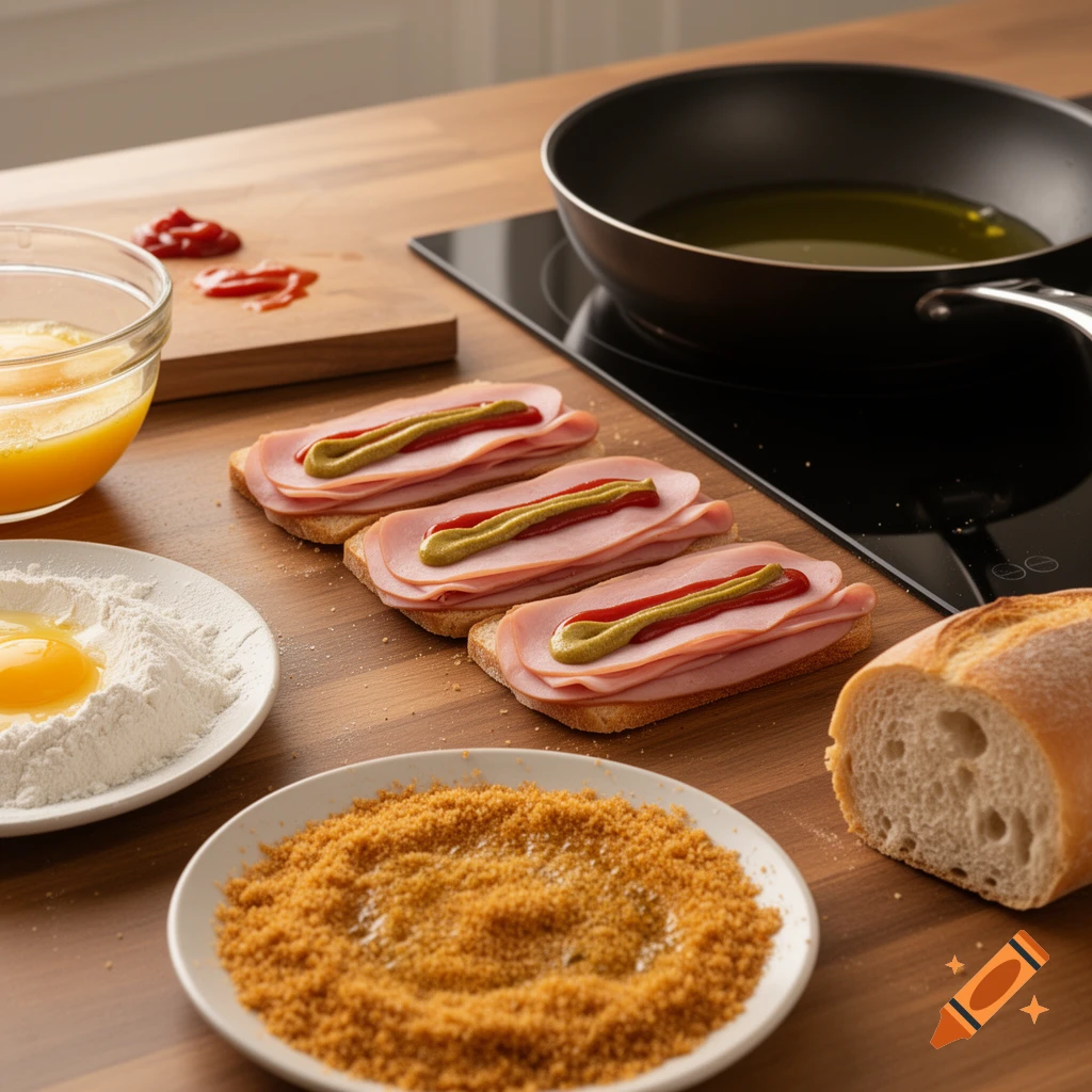 Ingredients for cooking laid out on a wooden counter: bread with ham, ketchup, mustard, eggs, flour, breadcrumbs, frying pan, and a baguette.