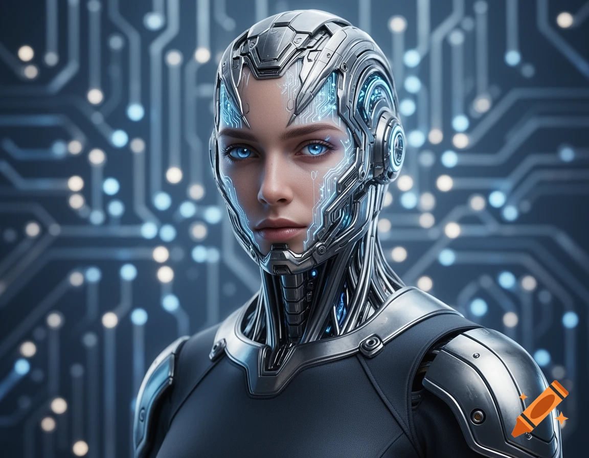 Photorealistic portrait of a futuristic cyborg woman with glowing blue eyes and intricate circuit patterns on her metallic face, against a circuit board background.