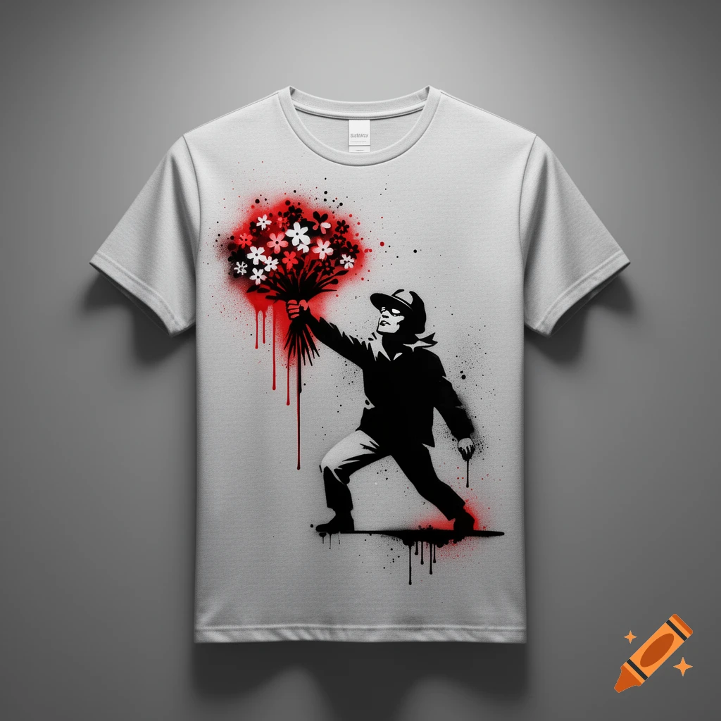 White t-shirt with a Banksy-style stencil of a figure holding a bouquet of flowers with red and black paint splatters.