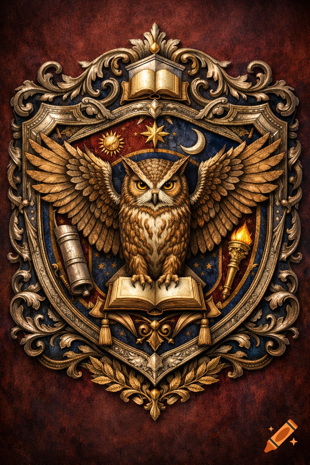 Ornate gold and blue heraldic shield with a central brown owl perched on an open book. Features sun, moon, star, scroll, and torch.