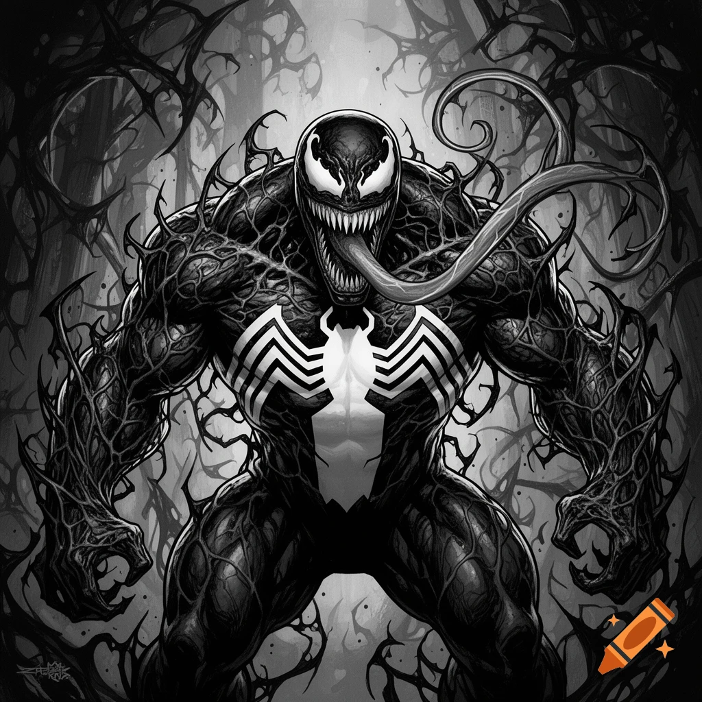 Highly detailed black and white illustration of Marvel's Venom with his long tongue, sharp teeth, and white spider symbol, surrounded by dark tendrils.