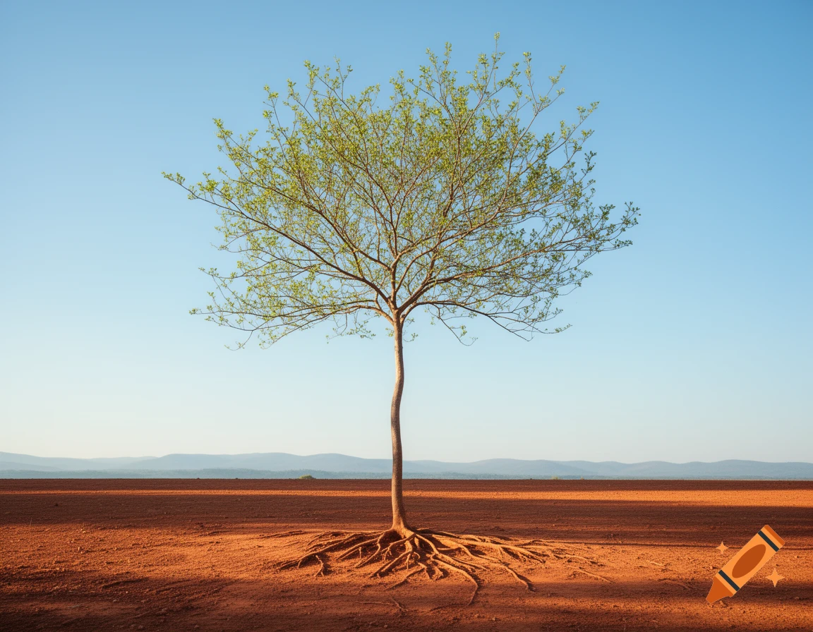 A lone, thin tree with exposed roots stands on red, dry earth under a clear blue sky, with distant mountains. Photorealistic.