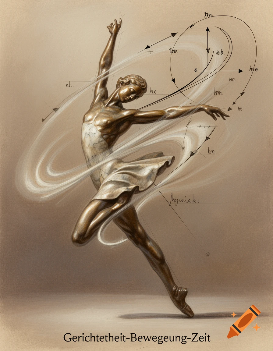 A bronze-like sculpture of a ballet dancer mid-leap, with swirling white lines and analytical diagrams around it, and German text at the bottom.