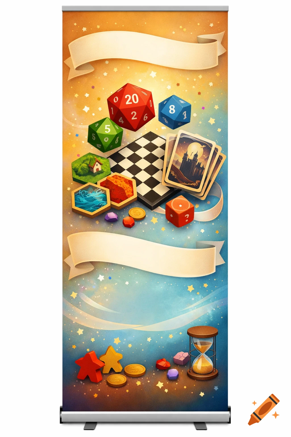 A colorful retractable banner displaying board game elements like dice, cards, meeples, and an hourglass on a starry background with blank text banners.