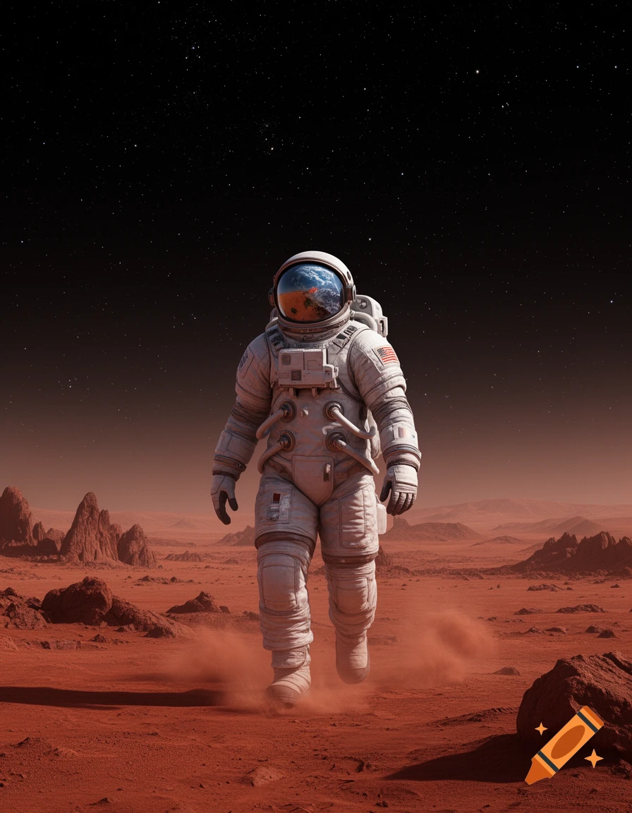A photorealistic image of an astronaut in a white suit walking on a red, rocky alien planet under a starry sky. Earth reflects in the helmet visor, dust rises from their boots.