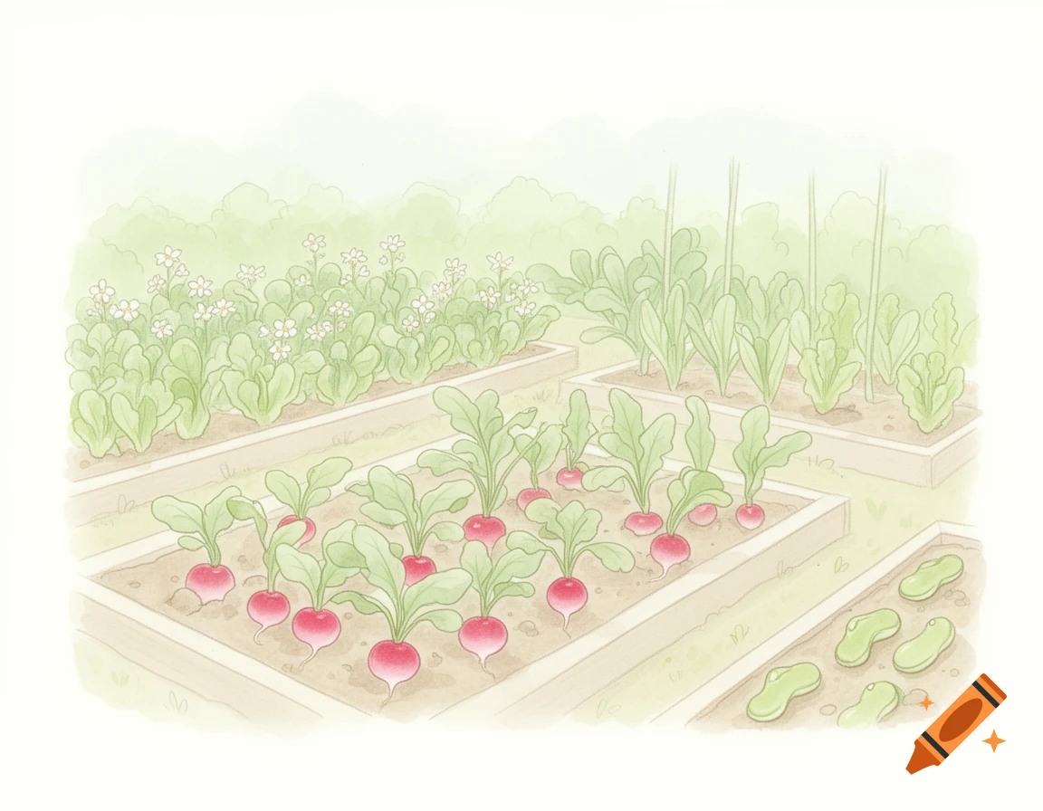 A whimsical, pastel-toned illustration of a vegetable garden with radishes, fava beans, and green plants in raised beds.