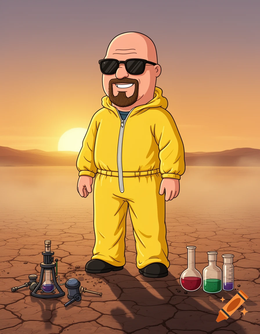 A bald, bearded cartoon man in a yellow hazmat suit and sunglasses stands in a cracked desert with lab equipment and a sunset.