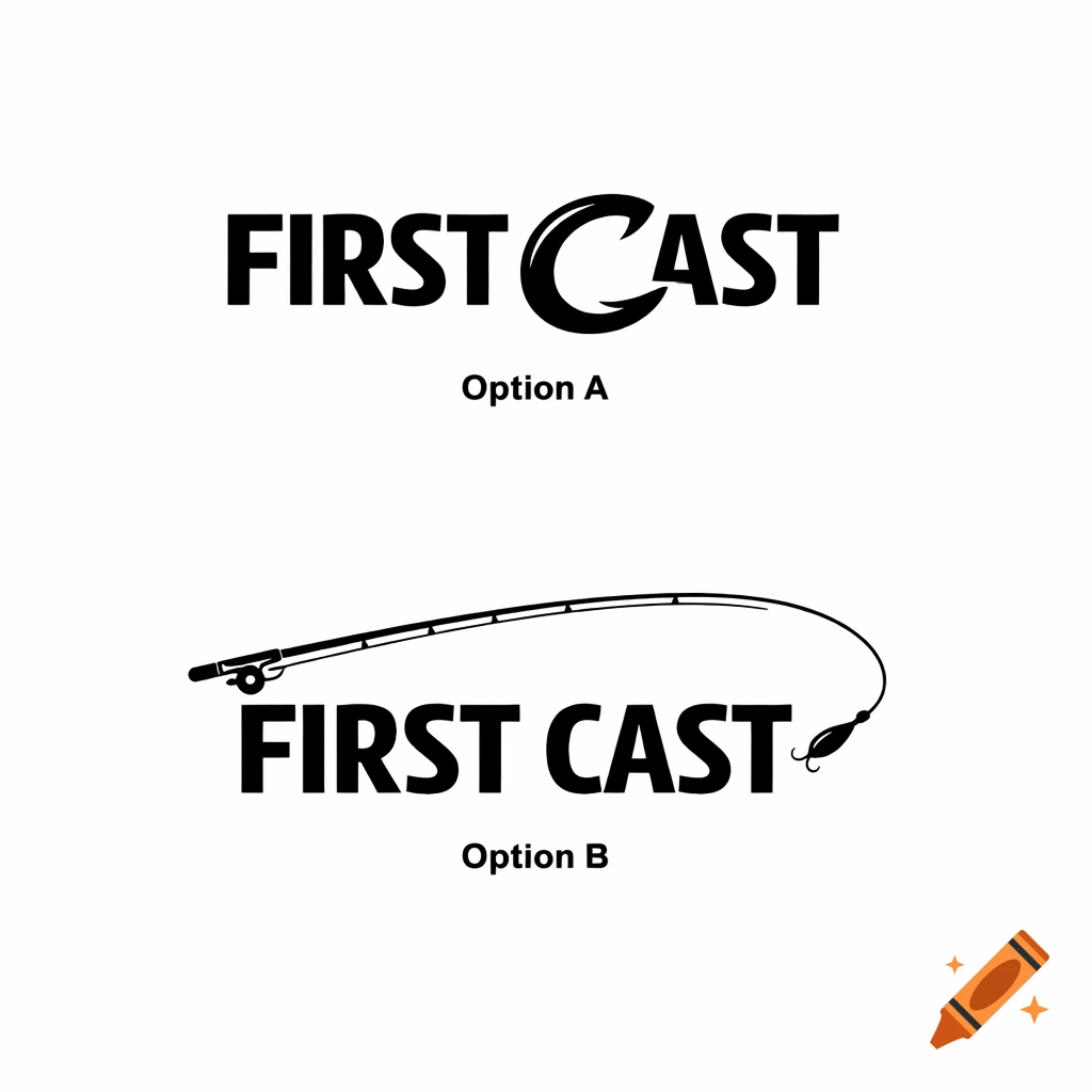 Two black and white logo options for 'First Cast', one with a fishing hook integrated into the 'C', the other with a fishing rod and line.